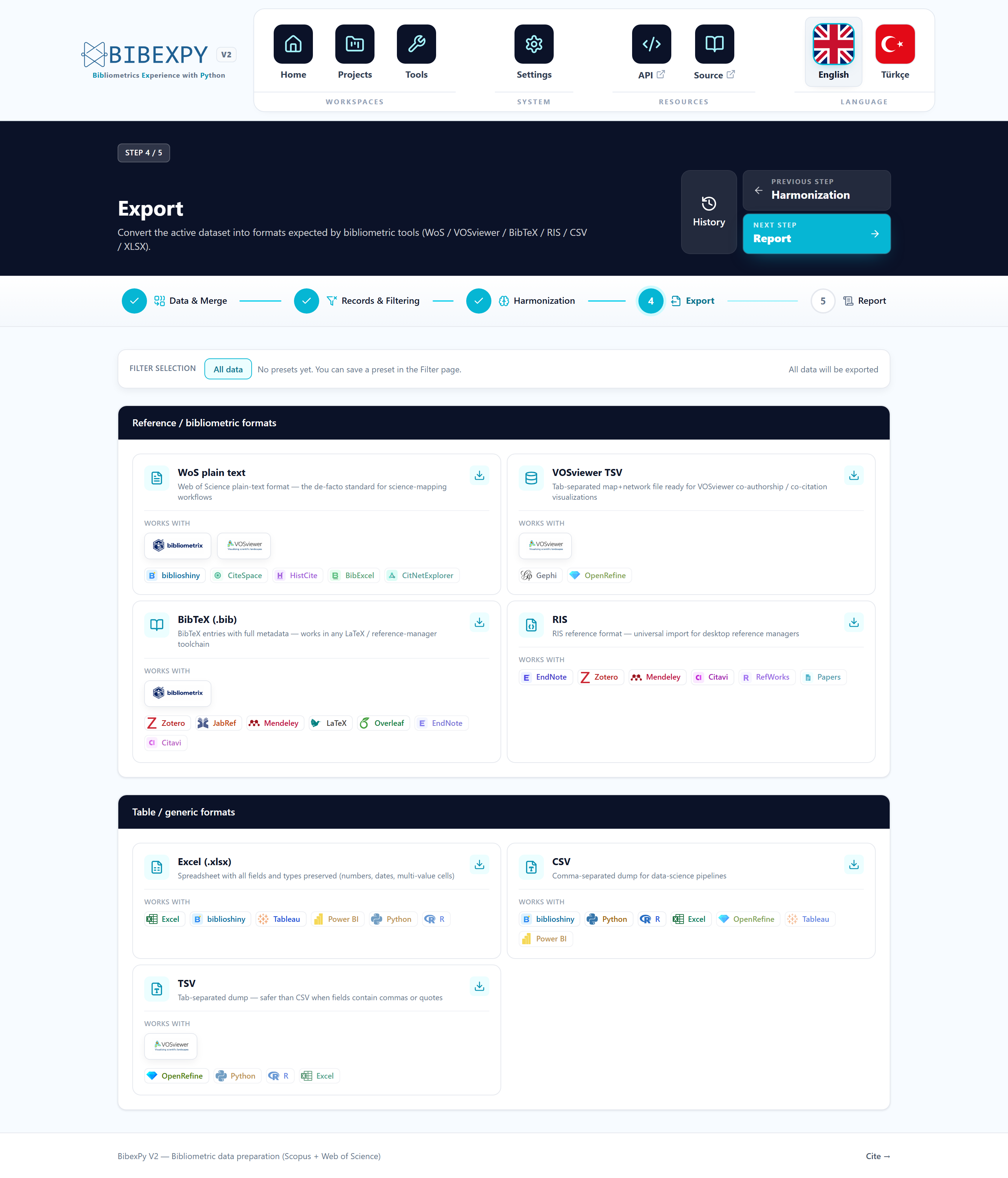 Export screen
